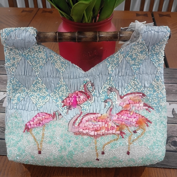 Handbags - Viral Flamingo Beaded Bag With Bamboo Handle